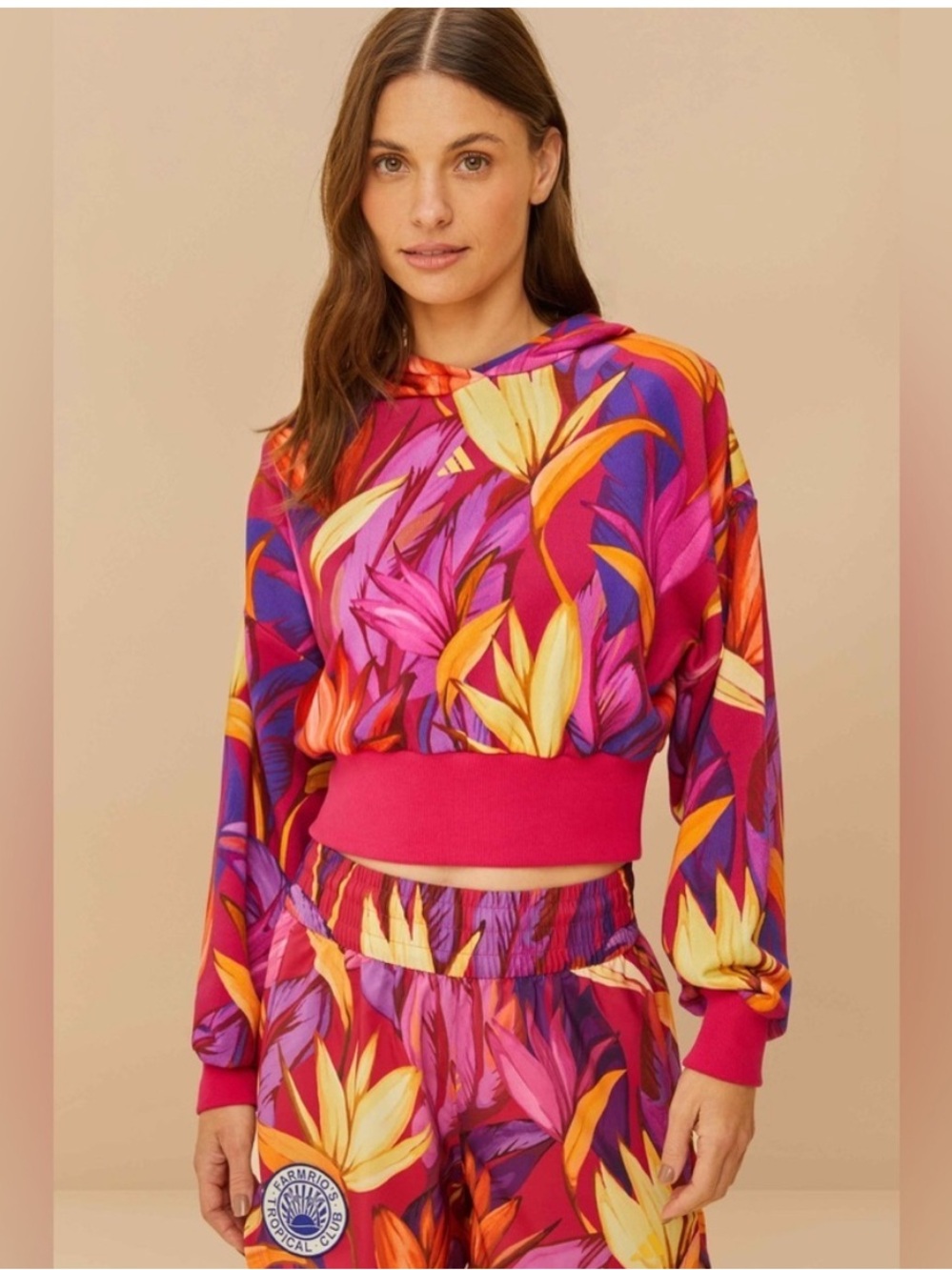 FARM Rio x Adidas Pink & Yellow Tropical Floral Cropped Hoodie